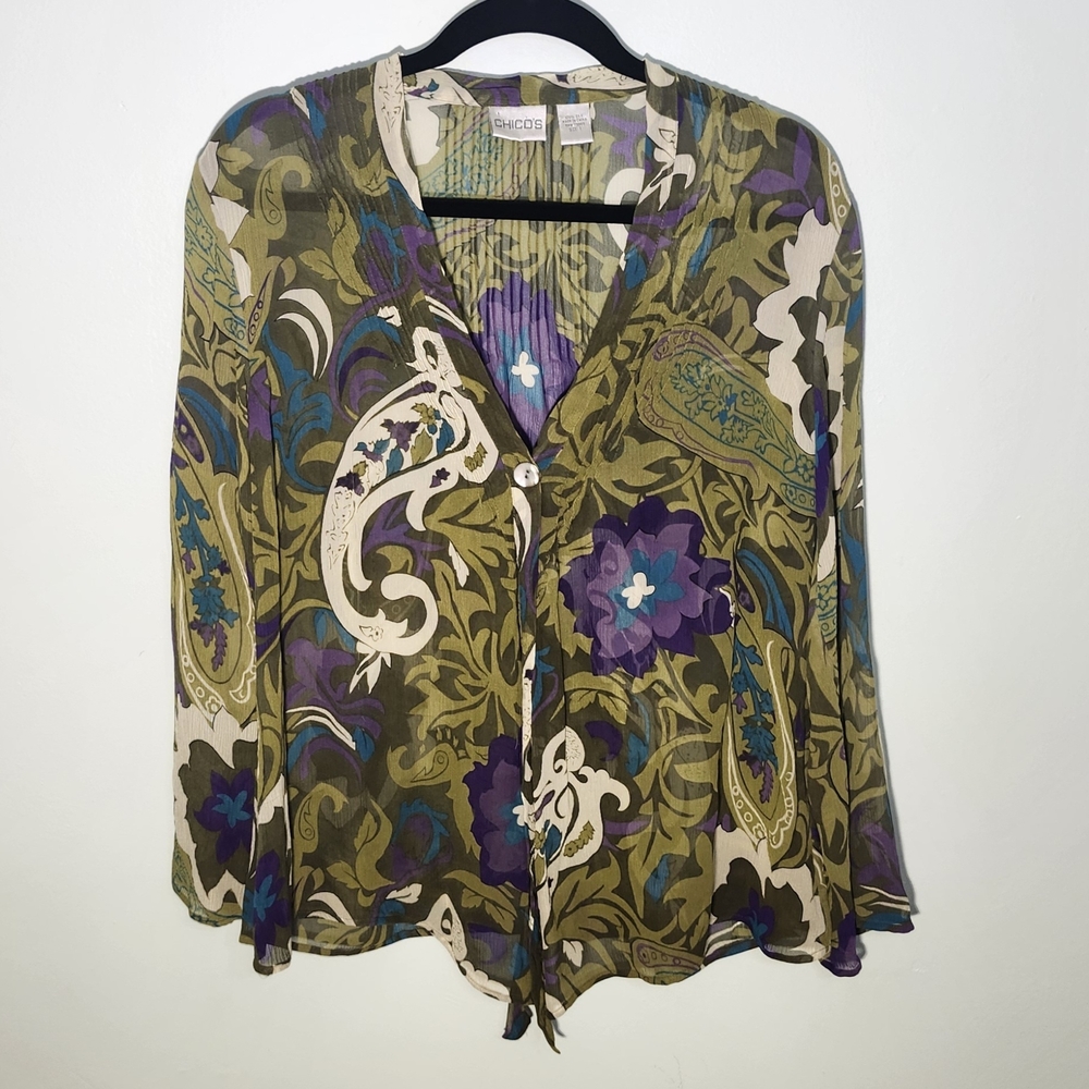 Chico’s 100% Silk Sheer Boho Floral Open 1 Button Blouse